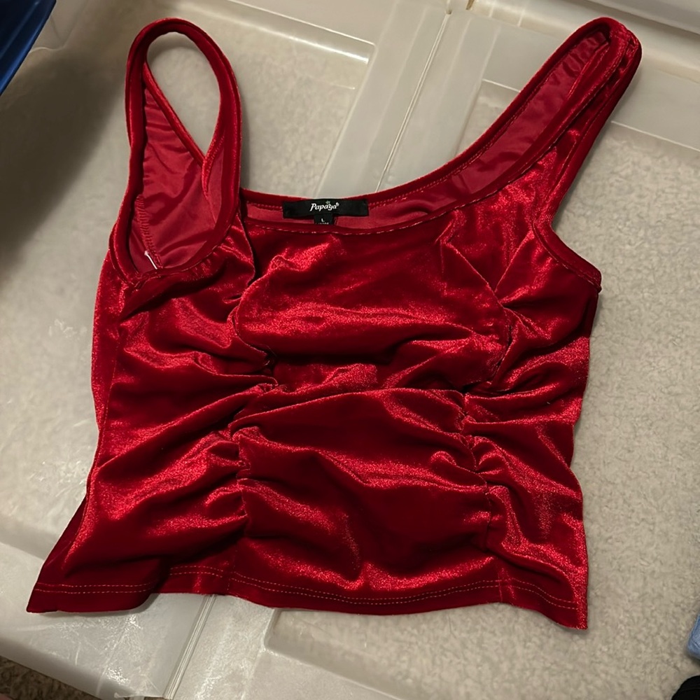 red cropped shirt